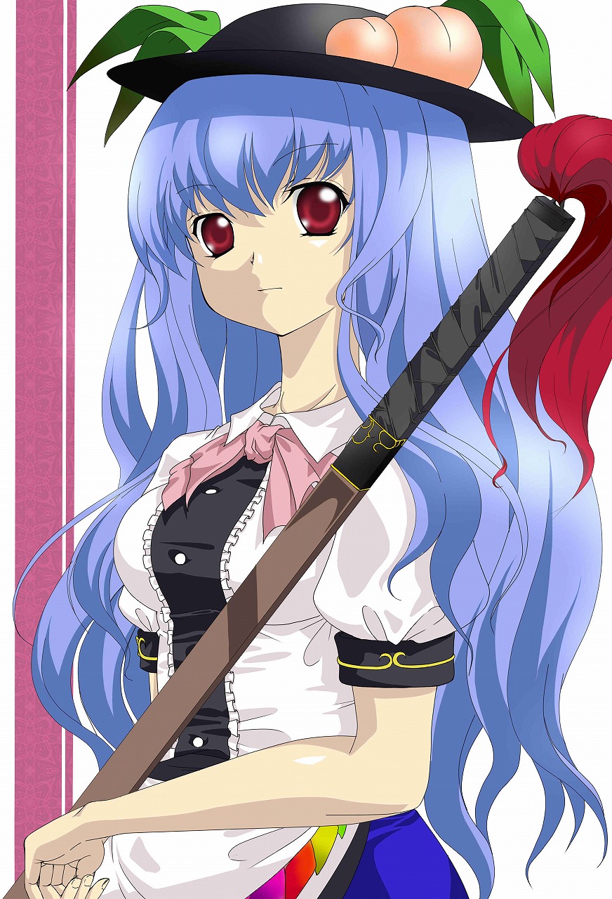 da neko, hinanawi tenshi, touhou, bad id, bad pixiv id, highres, 1girl, blue hair, female focus, food, fruit, hat, long hair, peach, solo, sword, sword of hisou, tassel, weapon