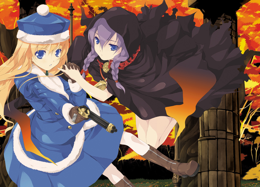 shirota dai, curse maker, curse maker 2, gunner (sekaiju), gunner 2 (sekaiju), atlus, etrian odyssey, bad id, bad pixiv id, blonde hair, chain, gun, hat, hood, long hair, purple hair, twintails, weapon