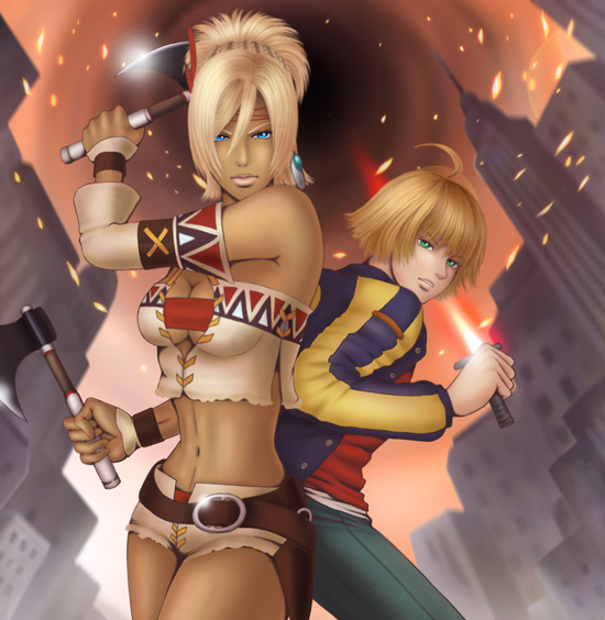 johnny garland, shania, shadow hearts, shadow hearts from the new world, 1boy, 1girl, axe, belt, blonde hair, blue eyes, breasts, dark skin, green eyes, short hair, sword, weapon