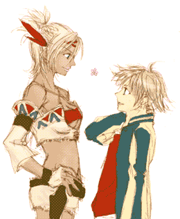 johnny garland, shania, shadow hearts, shadow hearts from the new world, lowres, 1boy, 1girl, dark skin, eye contact, looking at another, native american, short hair, size difference, squaw