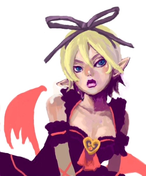 hildegard valentine, shadow hearts, shadow hearts from the new world, 1girl, armlet, bare shoulders, blonde hair, blue eyes, breasts, cleavage, closed mouth, collarbone, expressionless, female focus, jewelry, lips, looking at viewer, pointy ears, short hair, solo, upper body