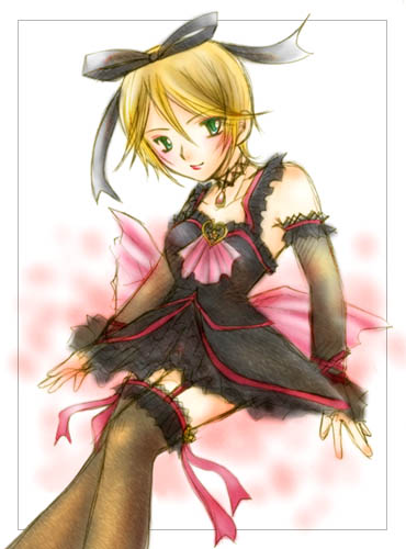 hildegard valentine, shadow hearts, shadow hearts from the new world, lowres, 1girl, bare shoulders, black dress, black thighhighs, detached sleeves, dress, female focus, frilled thigh strap, frills, garter straps, green eyes, long sleeves, looking at viewer, sleeveless, sleeveless dress, solo, thigh strap, thighhighs