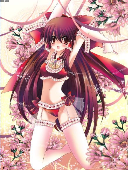 sakura noro, sakurano ru, hakurei reimu, touhou, 1girl, female focus, flower, lingerie, long hair, panties, ribbon, socks, solo, thighhighs, underwear