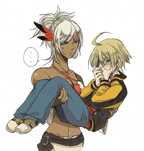 tng, johnny garland, shania, shadow hearts, shadow hearts from the new world, bad id, bad pixiv id, …, 1boy, 1girl, ahoge, averting eyes, blonde hair, blue eyes, braid, breasts, carrying, covered mouth, dark skin, embarrassed, feather hair ornament, green eyes, hair ornament, half updo, halterneck, medium breasts, multiple braids, own hands together, princess carry, reverse princess carry, short hair, simple background, white background