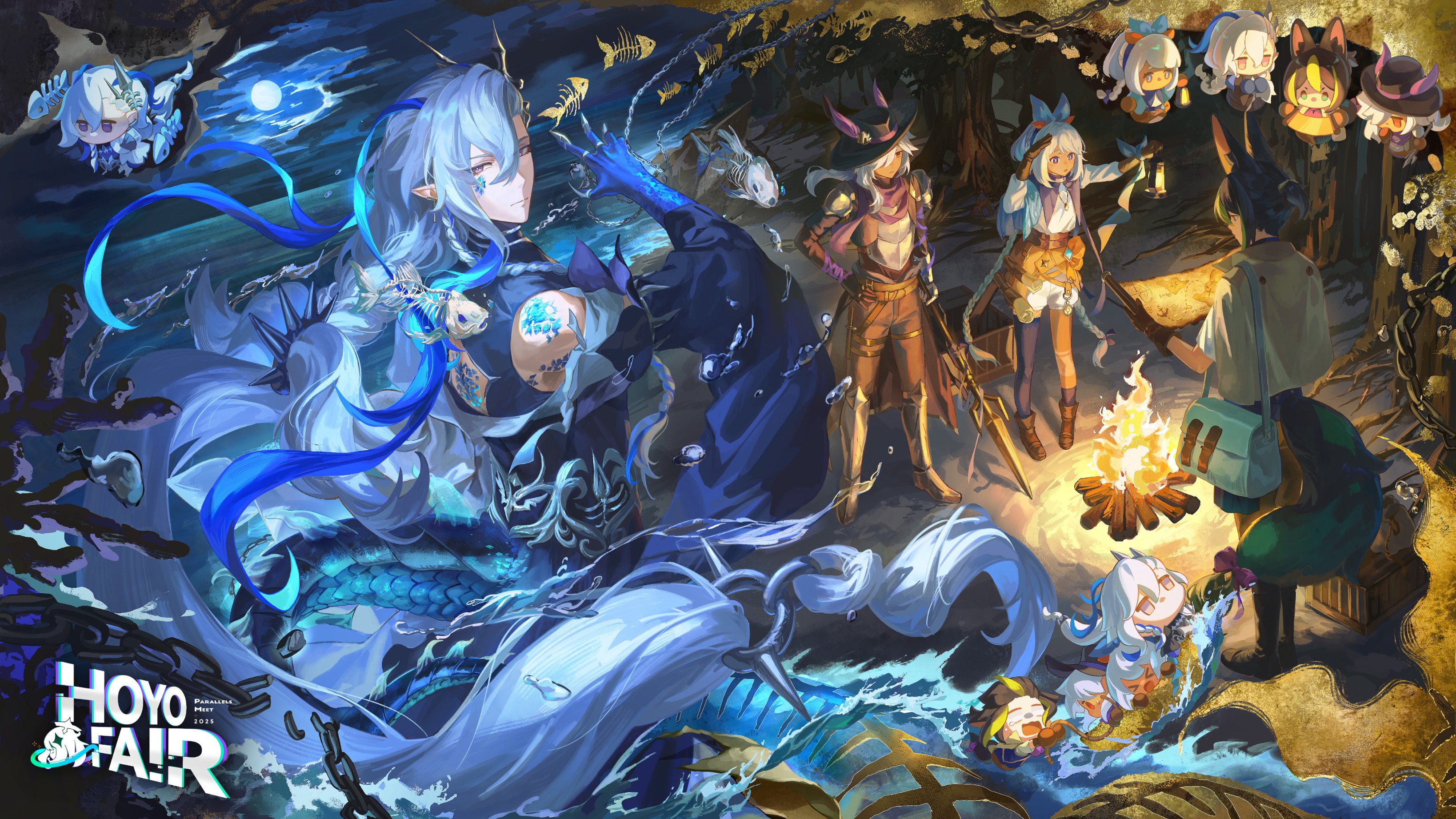 yaoyaobae, cyno (genshin impact), mualani (genshin impact), neuvillette (genshin impact), tighnari (genshin impact), genshin impact, absurdres, highres, official art, 1girl, 3boys, animal ears, arm tattoo, armor, bag, black gloves, black hair, black hat, blue hands, braid, chibi, closed mouth, dragon tail, fire, fox ears, fox tail, gloves, green hair, hair between eyes, hat, holding, holding map, hoyofair, long hair, long sleeves, map, multicolored hair, multiple boys, pointy ears, purple eyes, shorts, shoulder armor, shoulder bag, streaked hair, tail, tattoo, white hair, white shorts