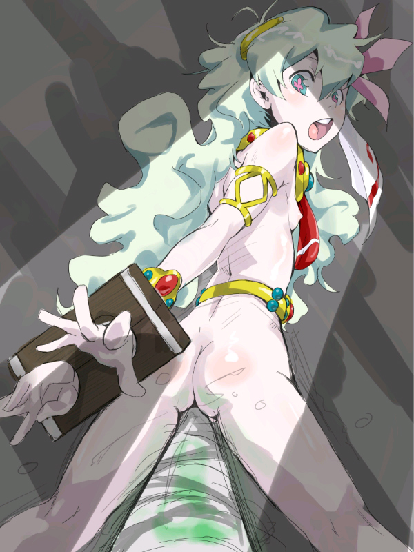 fever-san, nia teppelin, tengen toppa gurren lagann, 00s, 1girl, arm held back, ass, bdsm, bondage, bound, breasts, drill, female focus, looking back, nipples, nude, open mouth, small breasts, solo, stocks, suspension