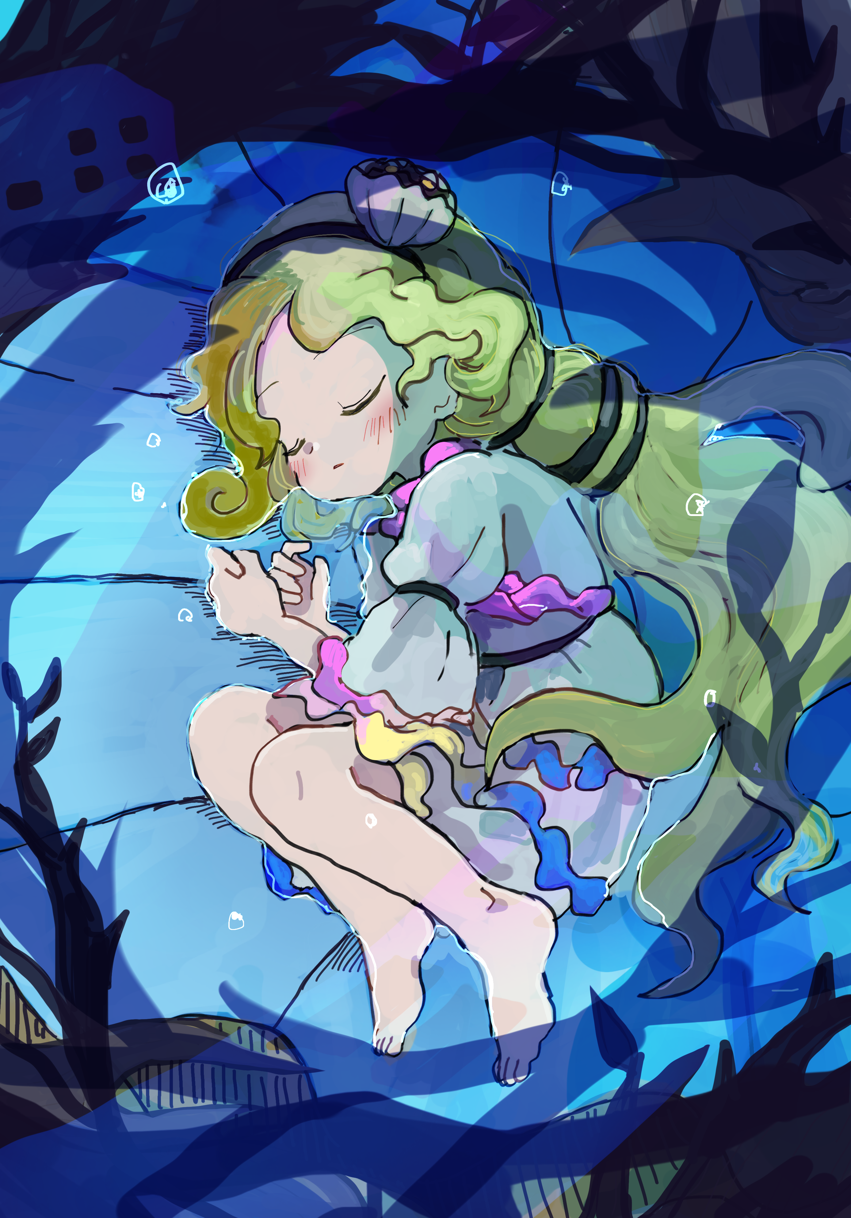 kelp, rome35793562, watari nina, fossilized wonders, touhou, absurdres, highres, barefoot, blonde hair, blush, bubble, clam, clam shell, clam shell ornament, closed eyes, curled up, dress, frilled dress, frilled sleeves, frills, headband, long hair, low ponytail, ponytail, shell, sleeping, underwater