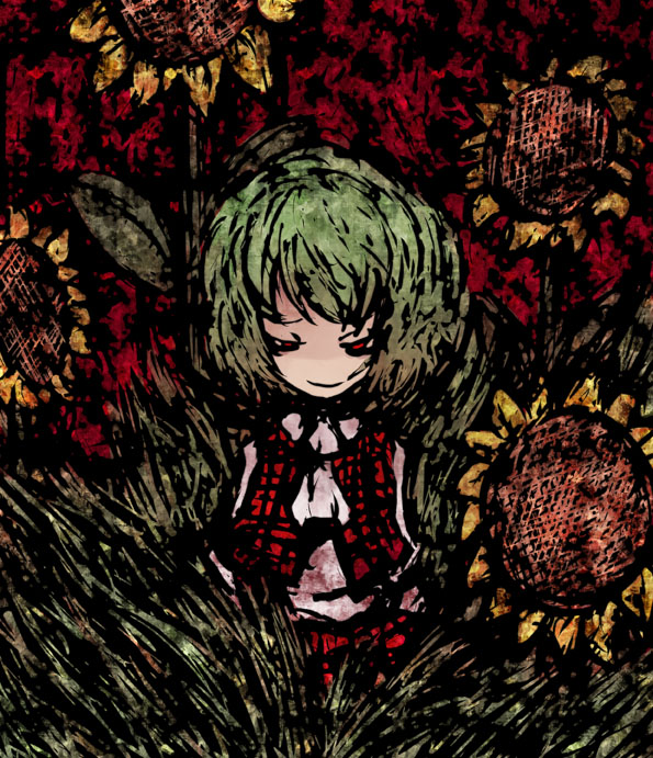 kazami yuuka, touhou, 1girl, ascot, collared shirt, evil smile, female focus, flower, plaid clothes, plaid skirt, plaid vest, shaded face, shirt, skirt, skirt set, smile, solo, sunflower, vest
