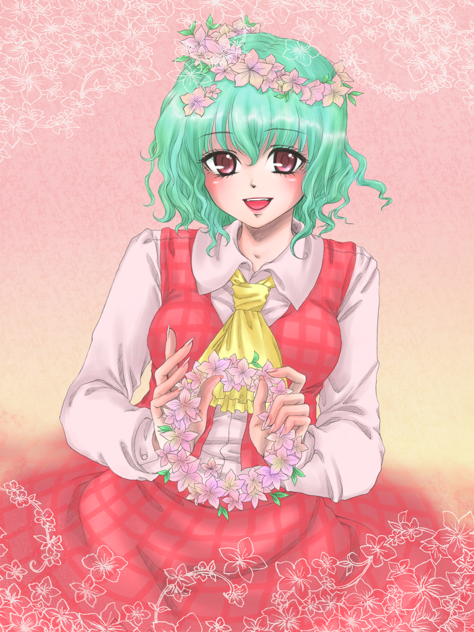 yuu (hi lite), kazami yuuka, touhou, highres, 1girl, ascot, female focus, flower, green hair, head wreath, plaid clothes, plaid skirt, plaid vest, red eyes, skirt, skirt set, smile, solo, vest