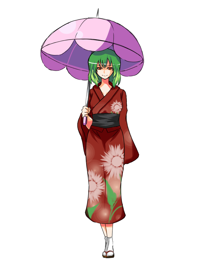 kazami yuuka, touhou, 1girl, female focus, flower, green hair, japanese clothes, kimono, light smile, obi, parasol, red eyes, red kimono, sandals, sash, short hair, smile, socks, solo, sunflower, umbrella, white background, yukata, zouri