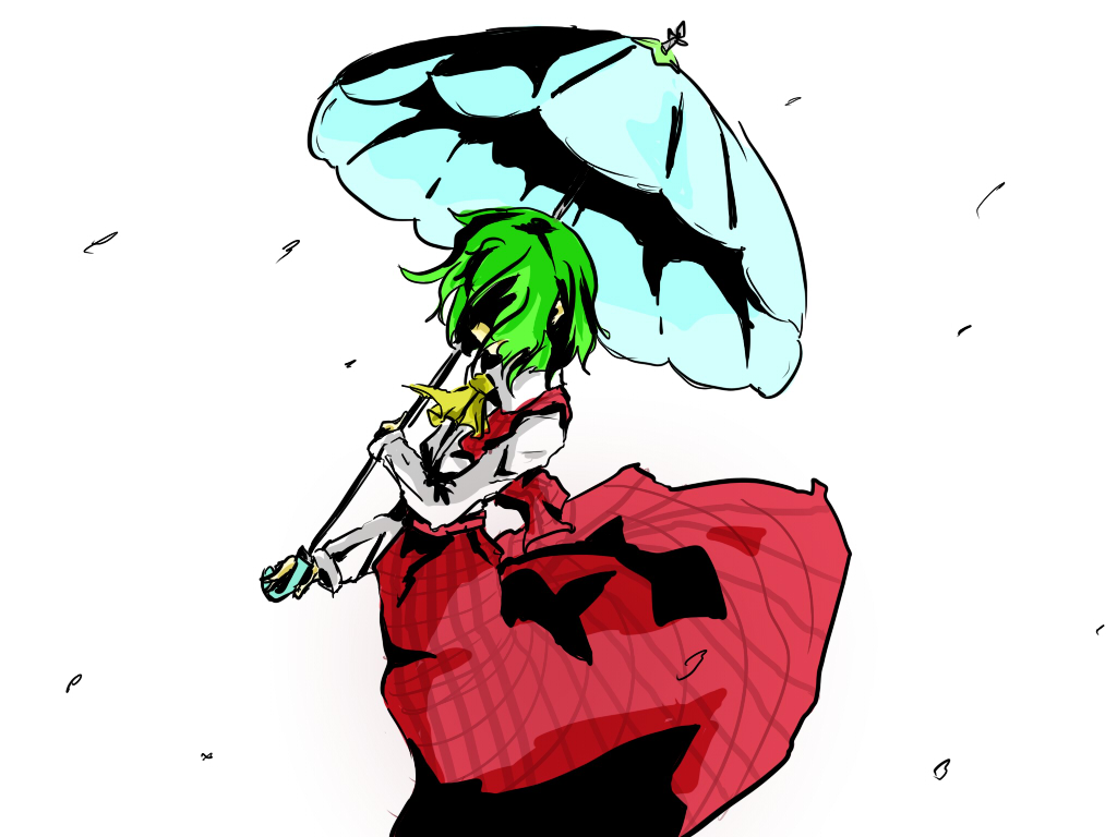 kazami yuuka, touhou, 1girl, ascot, blouse, collared shirt, female focus, holding, holding umbrella, parasol, plaid clothes, plaid skirt, plaid vest, shirt, skirt, skirt set, solo, umbrella, vest, white shirt, yellow ascot