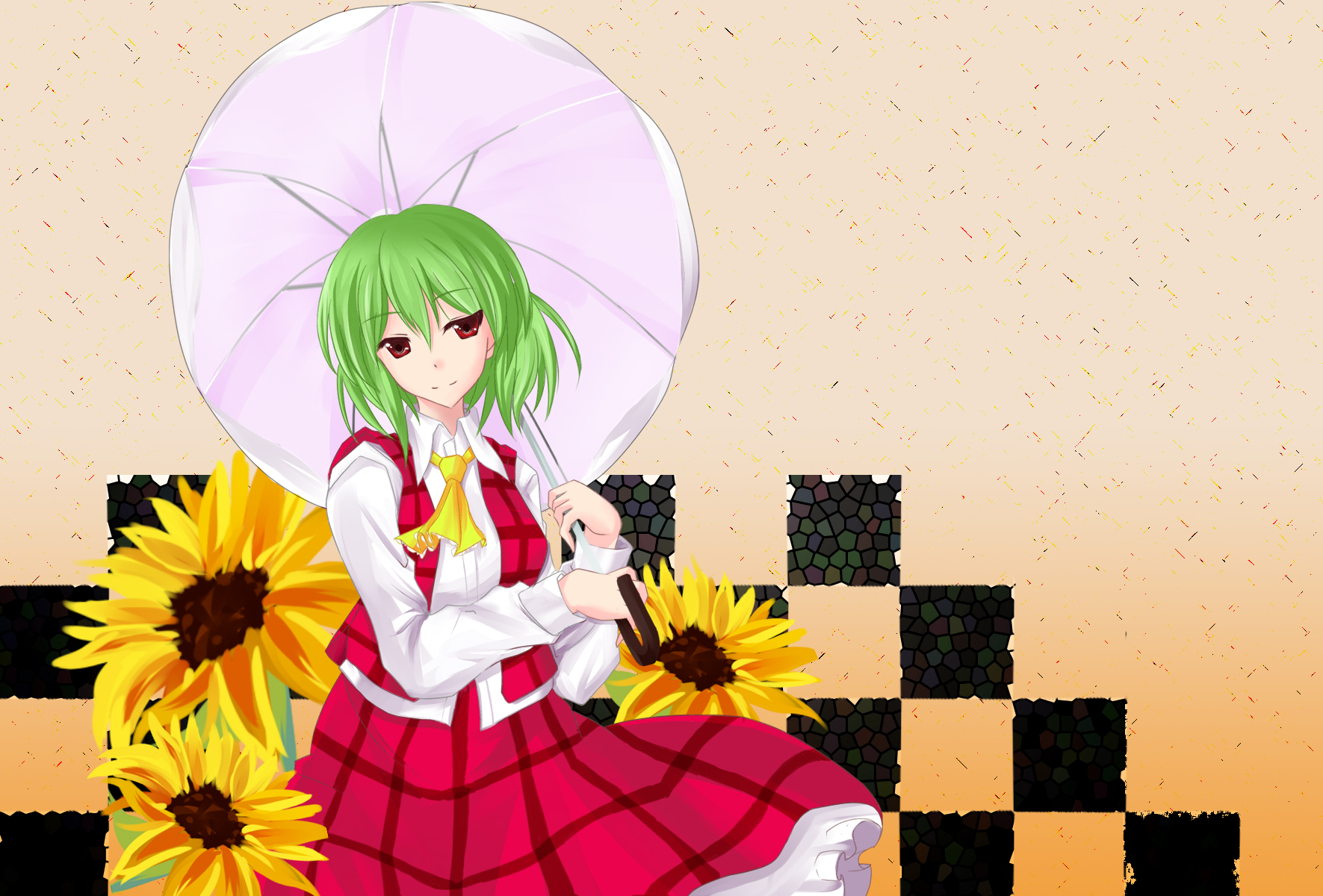 kazami yuuka, touhou, highres, 1girl, ascot, female focus, flower, hair between eyes, holding, holding umbrella, parasol, plaid clothes, plaid skirt, plaid vest, skirt, skirt set, solo, sunflower, umbrella, vest, yellow ascot