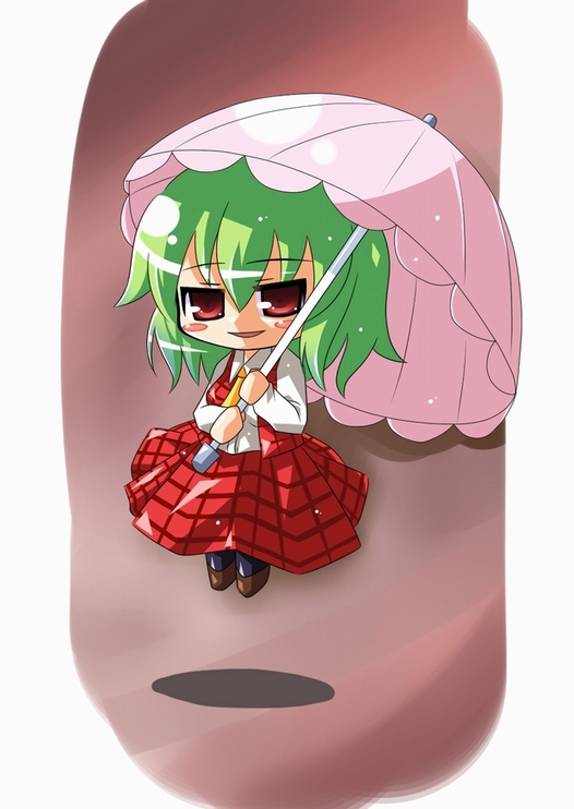 kazami yuuka, touhou, 1girl, ascot, chibi, female focus, parasol, plaid clothes, plaid skirt, plaid vest, skirt, skirt set, solo, umbrella, vest
