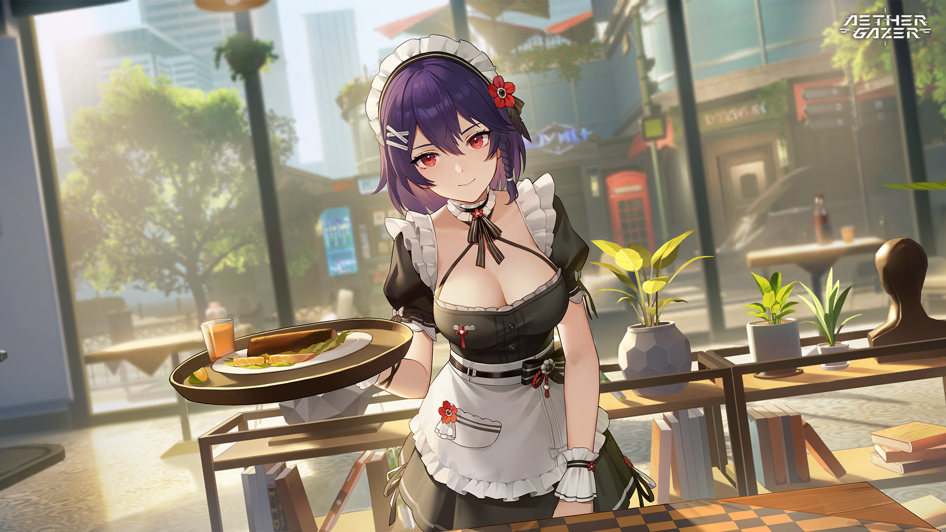 aether gazer, artist request, character request, highres, official art, second-party source, 1girl, apron, black bow, black dress, black ribbon, blurry, blurry background, bow, breasts, building, buttons, cleavage, closed mouth, copyright name, cup, dress, flower, food, frilled ribbon, frills, fruit, hair ornament, holding, holding tray, lime (fruit), lime slice, maid headdress, neck ribbon, phone booth, plant, potted plant, purple hair, red eyes, red flower, ribbon, smile, table, tray, tree, waitress, white apron