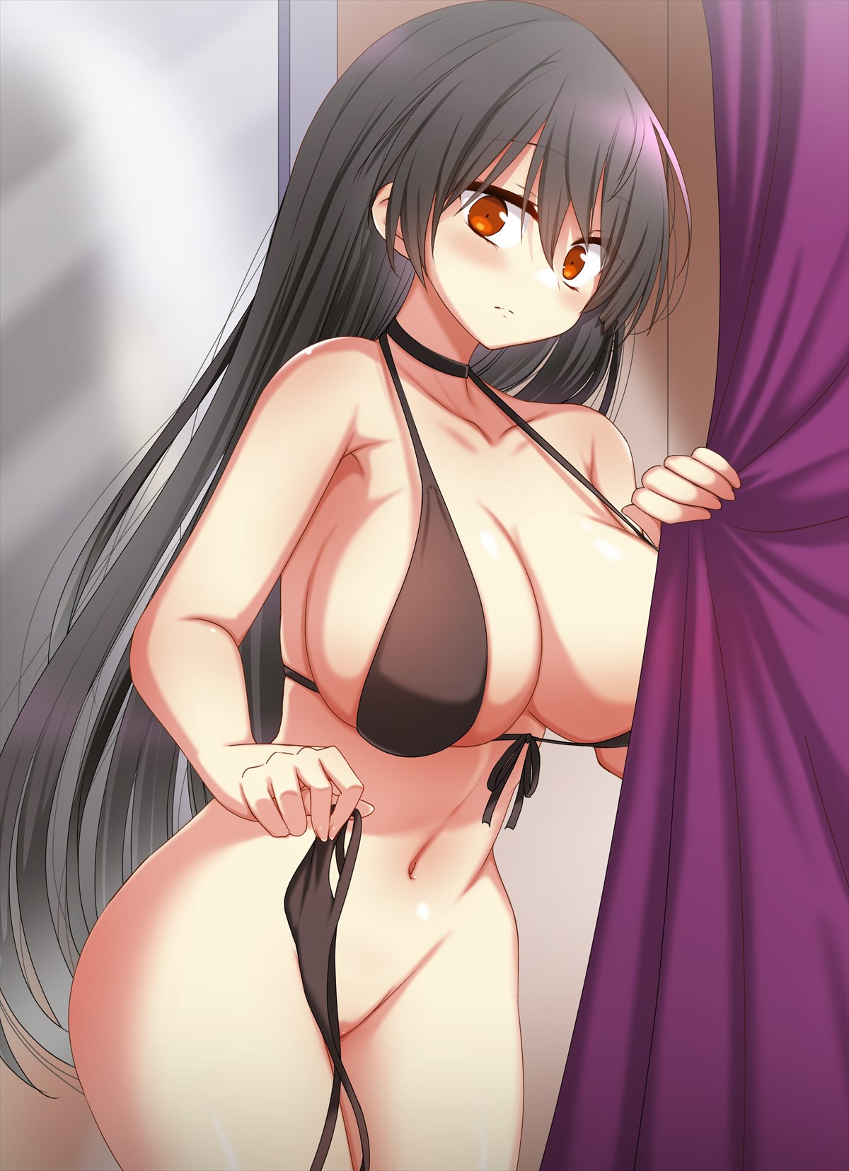 tori (minamopa), miracle tou, rance (series), highres, 1girl, bare shoulders, bikini, black bikini, black hair, blush, bottomless, breasts, curtains, front-tie bikini top, front-tie top, groin, large breasts, long hair, looking at viewer, mirror, navel, orange eyes, solo, swimsuit, unworn bikini bottom
