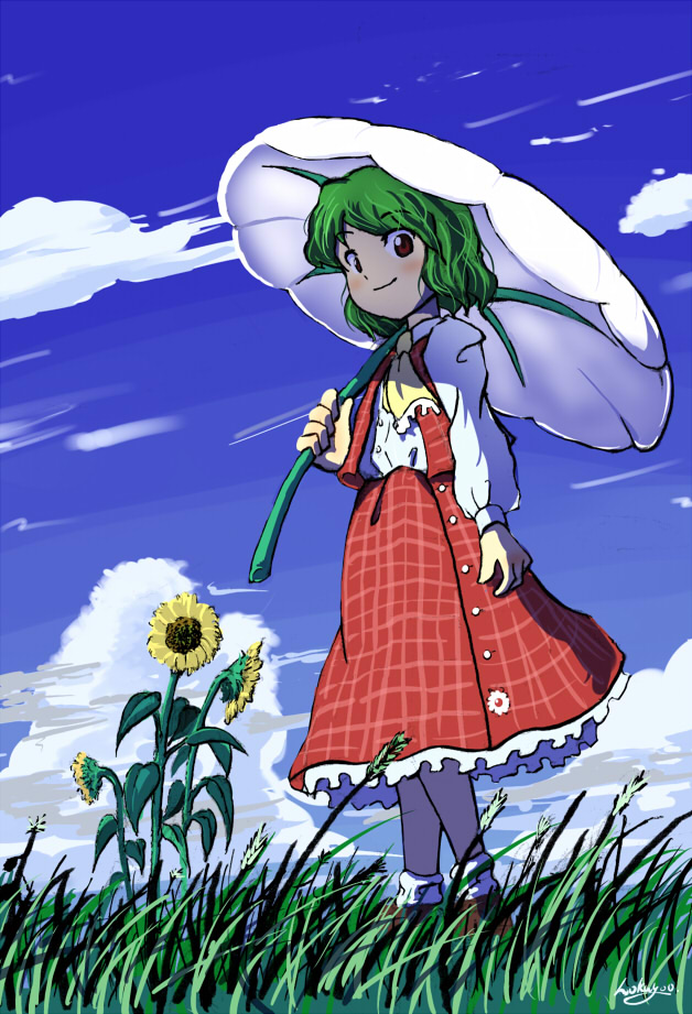 kazami yuuka, touhou, 1girl, ascot, cloud, day, female focus, flower, holding, holding umbrella, outdoors, parasol, plaid clothes, plaid skirt, plaid vest, skirt, skirt set, sky, solo, sunflower, umbrella, vest, yellow ascot