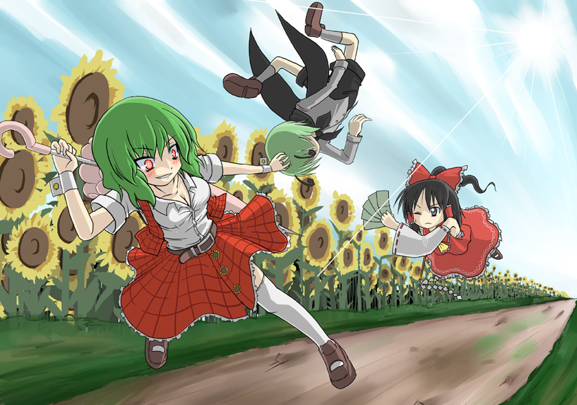 kujira lorant, hakurei reimu, kazami yuuka, wriggle nightbug, touhou, 3girls, antennae, ascot, belt, black hair, blush, breasts, cape, cleavage, detached sleeves, female focus, flower, green hair, grey eyes, japanese clothes, large breasts, miko, multiple girls, parasol, plaid clothes, plaid skirt, plaid vest, red hair, skirt, skirt set, sunflower, thighhighs, umbrella, vest