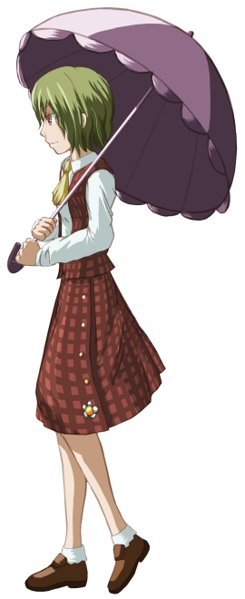kazami yuuka, touhou, 1girl, ascot, collared shirt, female focus, holding, holding umbrella, parasol, plaid clothes, plaid skirt, plaid vest, profile, shirt, skirt, skirt set, socks, solo, umbrella, vest, white background, yellow ascot