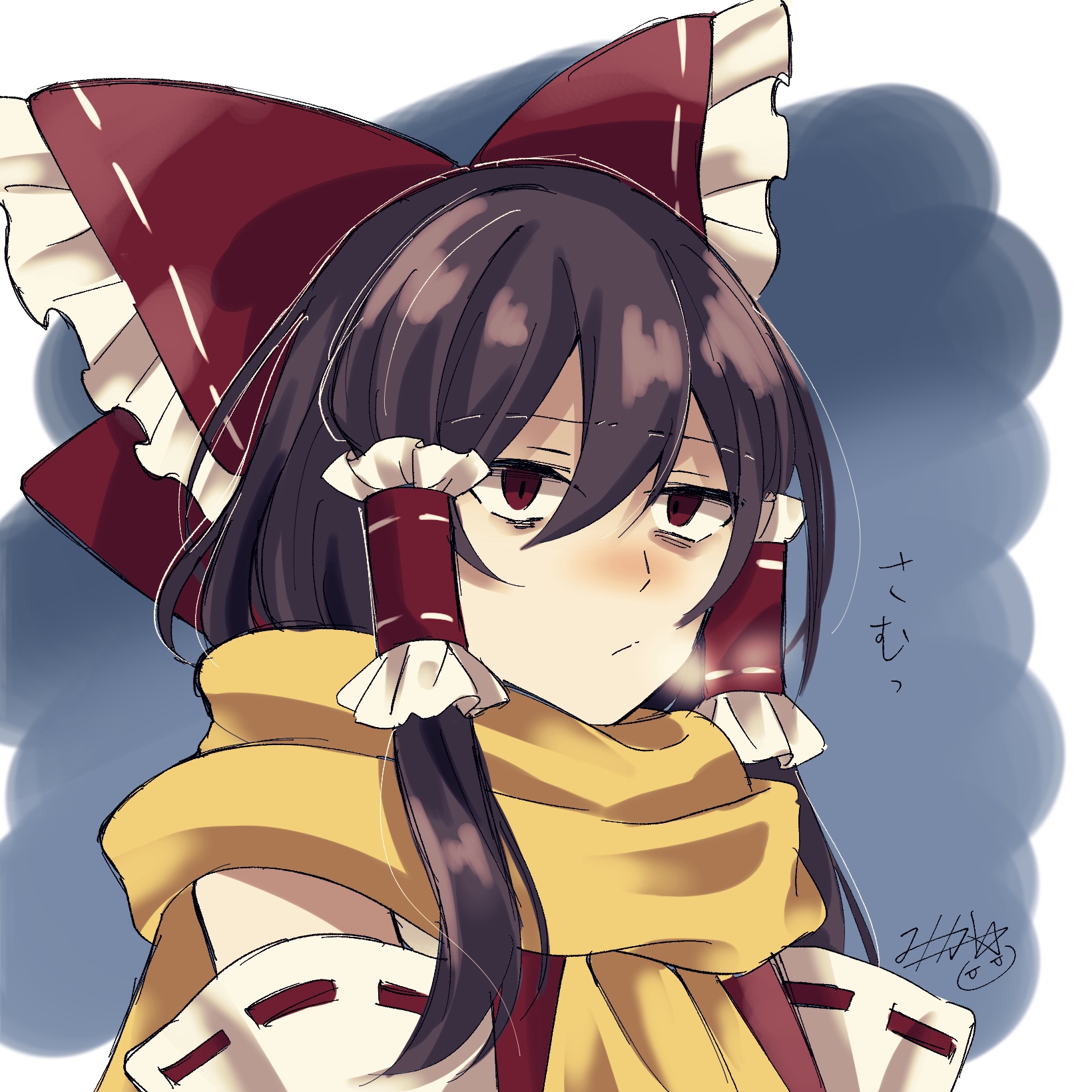 mikan 763, hakurei reimu, touhou, commentary request, highres, translation request, 1girl, :/, ascot, bags under eyes, blue background, blush, border, bow, brown eyes, close-up, closed mouth, detached sleeves, double-parted bangs, frilled bow, frilled hair tubes, frills, hair between eyes, hair bow, hair tubes, half-closed eyes, long sidelocks, nose blush, red bow, red ribbon, red shirt, ribbon, ribbon-trimmed sleeves, ribbon trim, scarf, shirt, sidelocks, signature, solo, split mouth, steam, unamused, upper body, white border, white sleeves, yellow ascot, yellow scarf