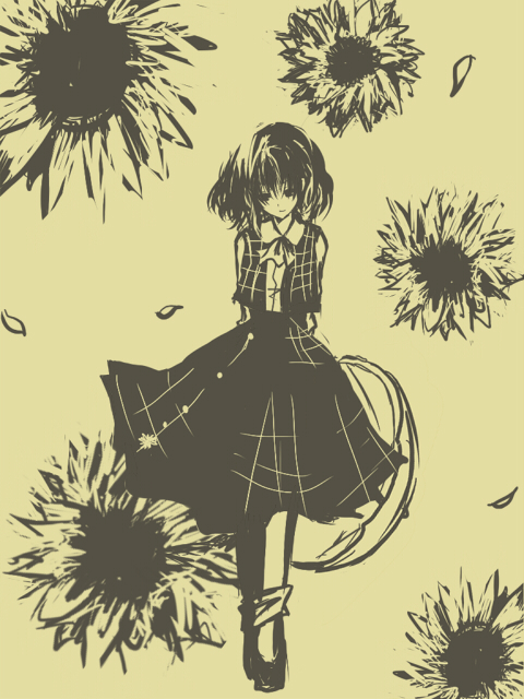kazami yuuka, touhou, 1girl, ascot, female focus, flower, green theme, hair between eyes, monochrome, parasol, plaid clothes, plaid skirt, plaid vest, short hair, skirt, solo, sunflower, umbrella, vest, yellow background