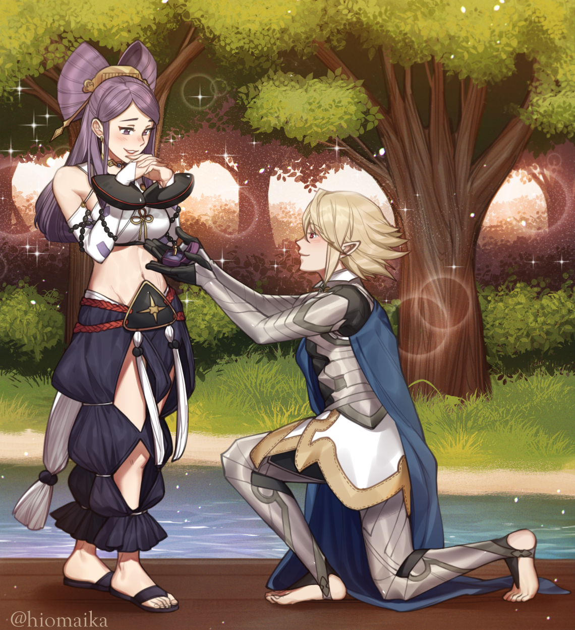 shg (hiomaika), male corrin (fire emblem), orochi (fire emblem), fire emblem, fire emblem fates, nintendo, commission, highres, 1boy, 1girl, bare shoulders, breasts, cape, cleavage, couple, crop top, grey hair, hair bun, hair ornament, hair stick, hairpods, hetero, japanese clothes, large breasts, long hair, looking at another, marriage proposal, midriff, pointy ears, purple eyes, purple hair, red eyes, sandals, smile