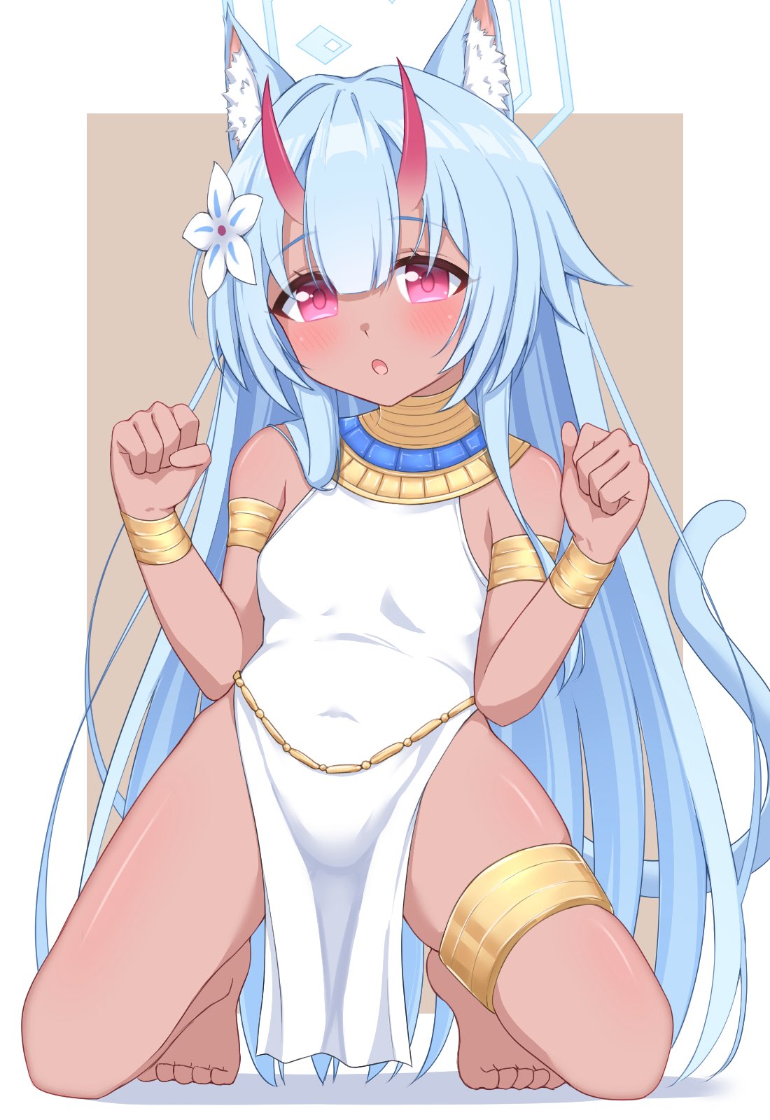 yamichi (yamichi8369), chise (blue archive), blue archive, highres, 1girl, :o, alternate skin color, ancient egyptian, animal ear fluff, animal ears, bare arms, bare legs, bare shoulders, barefoot, blue halo, breasts, cat ears, cat girl, cat tail, dark-skinned female, dark skin, dress, full body, halo, horns, if you want to become a godly artist (trend), long hair, open mouth, pelvic curtain, purple eyes, skin-covered horns, sleeveless, sleeveless dress, small breasts, solo, tail, thighs, very long hair, white dress