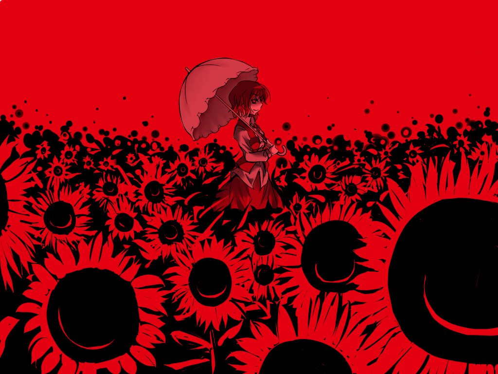 hirase yuu, kazami yuuka, touhou, jpeg artifacts, 1girl, female focus, flower, monochrome, nature, outdoors, parasol, plant, red theme, skirt, solo, sunflower, umbrella