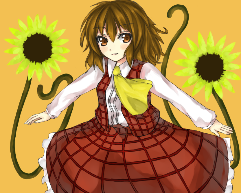 kazami yuuka, touhou, 1girl, alternate eye color, alternate hair color, ascot, brown eyes, brown hair, collared shirt, female focus, flower, hair between eyes, orange background, outstretched arms, plaid clothes, plaid skirt, plaid vest, shirt, short hair, skirt, skirt set, smile, solo, spread arms, sunflower, vest, yellow ascot