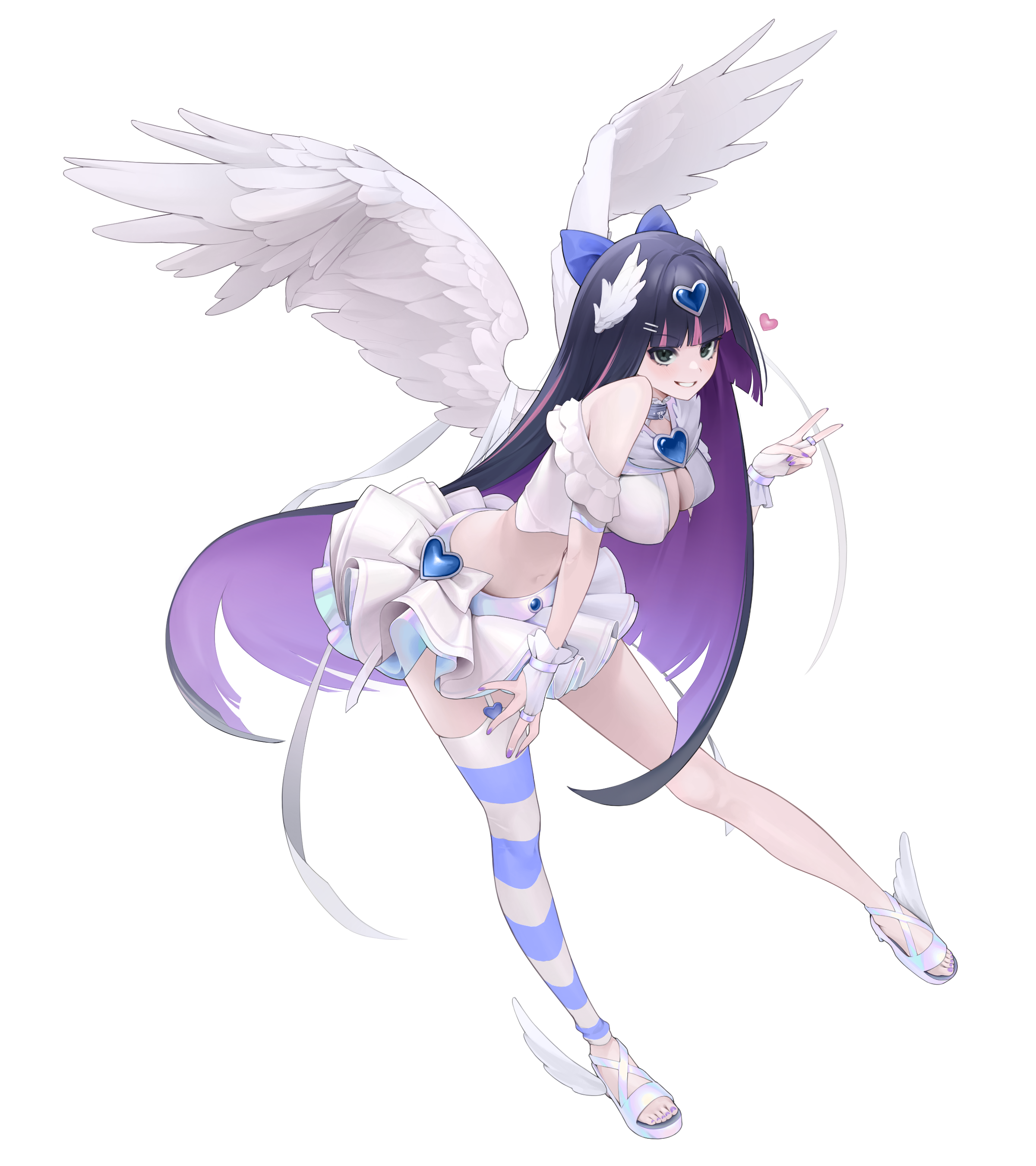 mallo825, stocking (psg), panty & stocking with garterbelt, absurdres, highres, 1girl, angel, angel wings, black hair, breasts, closed mouth, colored inner hair, frilled skirt, frills, head wings, heart, long hair, looking at viewer, medium breasts, multicolored hair, nail polish, purple hair, purple nails, sandals, shirt, single thighhigh, skirt, smile, solo, striped clothes, striped thighhighs, thighhighs, two-tone hair, v, very long hair, white sandals, white shirt, white skirt, white wrist cuffs, wings, wrist cuffs