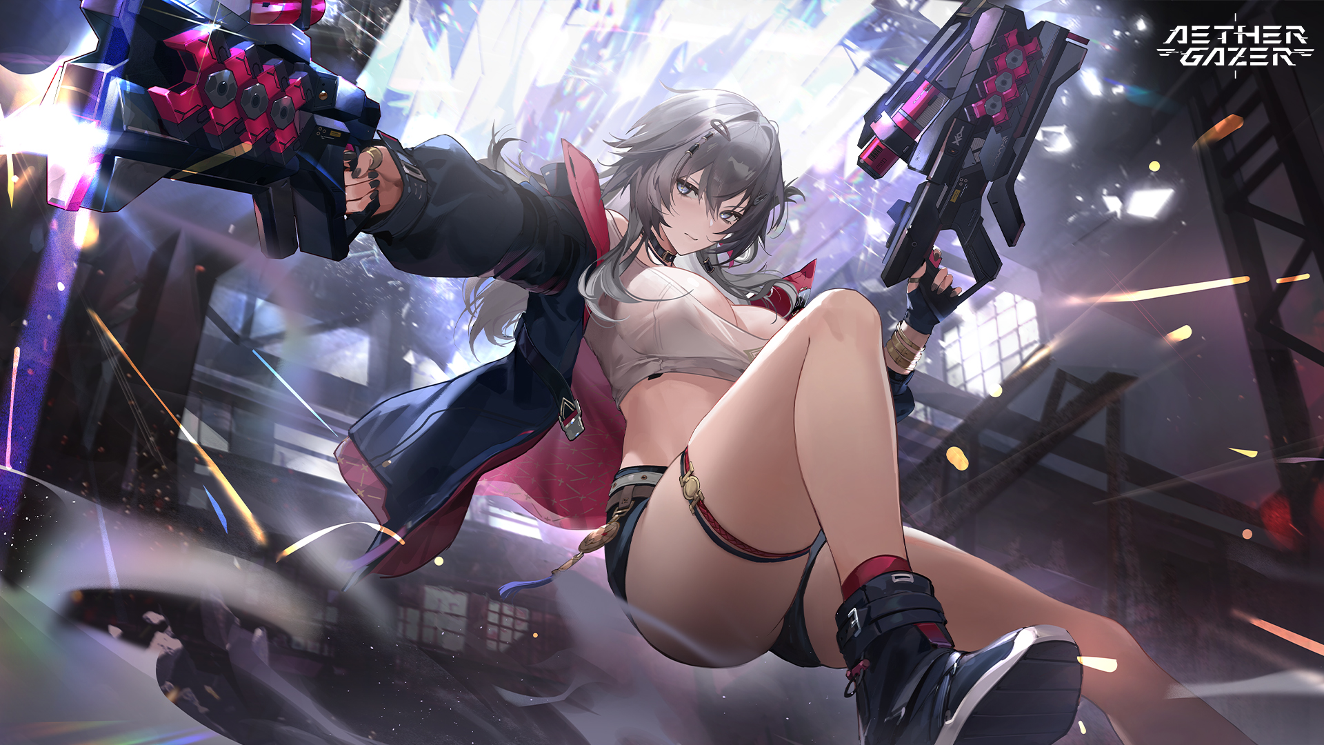 aether gazer, artist request, character request, highres, official art, second-party source, 1girl, belt, belt collar, black belt, black jacket, black nails, black shoes, black shorts, bracelet, breasts, cleavage, closed mouth, collar, copyright name, crop top, dual wielding, grey eyes, grey hair, gun, hair ornament, hairclip, holding, holding gun, holding weapon, jacket, jewelry, multiple bracelets, open clothes, open jacket, ring, shoes, shorts, solo, tank top, weapon, white tank top