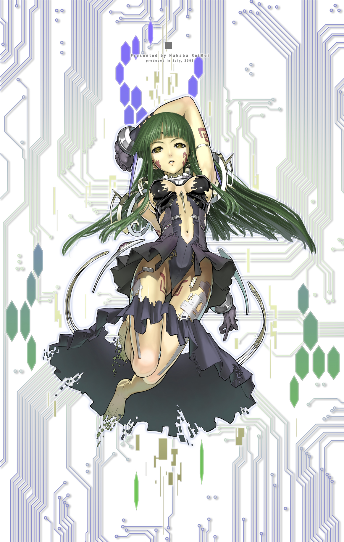 nakabayashi reimei, ouka nagisa, banpresto, super robot wars, super robot wars original generation, highres, 1girl, armpits, barefoot, blunt bangs, breasts, digital dissolve, female focus, full body, gloves, green hair, long hair, medium breasts, navel, solo, yellow eyes