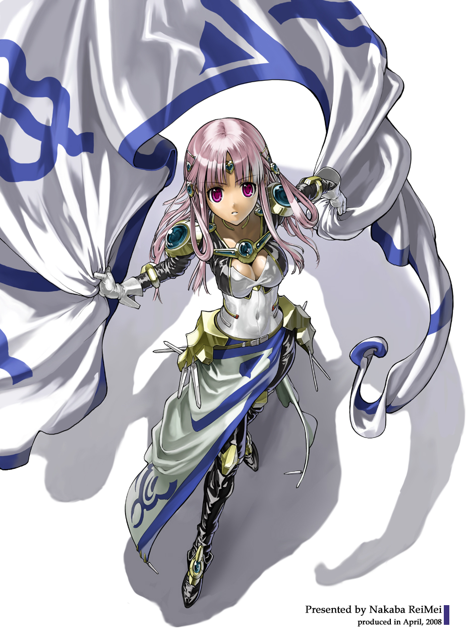 nakabayashi reimei, ariel org, banpresto, real robot regiment, super robot wars, highres, 1girl, breasts, cleavage, female focus, large breasts, pink hair, purple eyes, solo