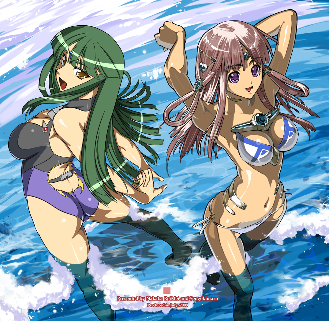 nakabayashi reimei, sengekimaru, ariel org, ouka nagisa, banpresto, real robot regiment, super robot wars, super robot wars original generation, 2girls, ass, bikini, breasts, cleavage, green hair, hair ornament, multiple girls, ocean, one-piece swimsuit, pink hair, purple eyes, swimsuit, water, yellow eyes