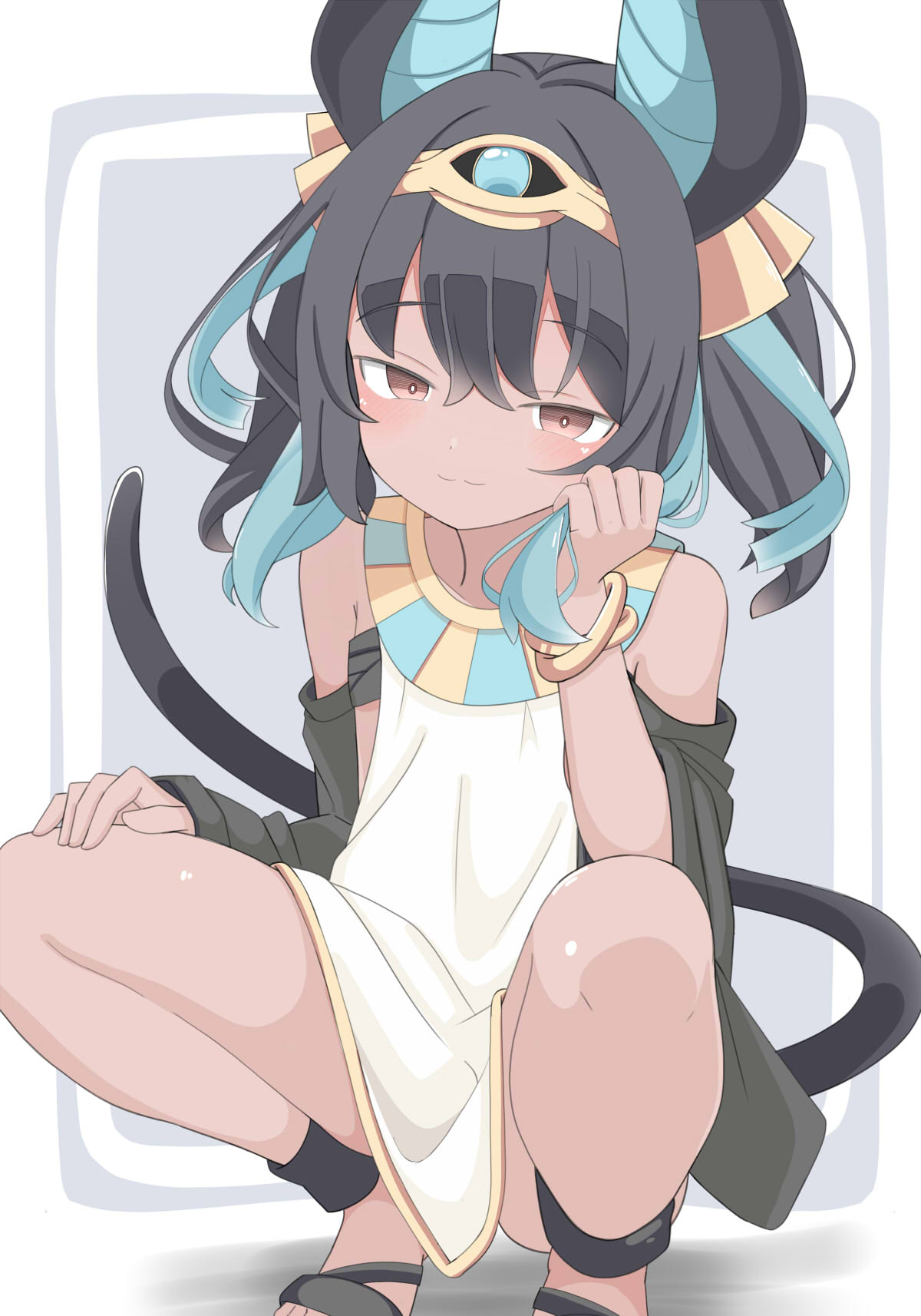 k u y o u, highres, 1girl, ancient egyptian, animal ears, bare legs, bare shoulders, black hair, brown eyes, cat tail, closed mouth, dark-skinned female, dark skin, dress, looking at viewer, simple background, solo, tail, thighs, white dress