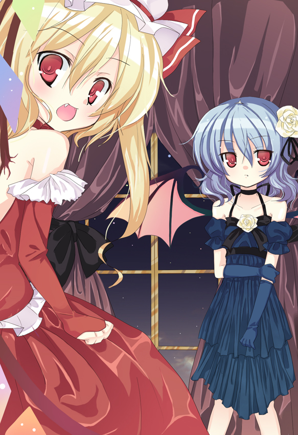 omiso, omiso (omiso), flandre scarlet, remilia scarlet, touhou, bad id, bad pixiv id, 2girls, alternate costume, blonde hair, blue hair, dress, female focus, flower, formal clothes, hat, looking at viewer, looking back, multiple girls, ribbon, short hair, siblings, sisters, wings