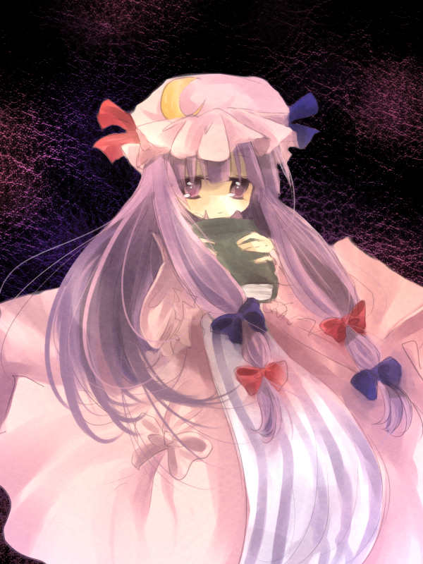 ou (swdp), patchouli knowledge, touhou, bad id, bad pixiv id, 1girl, book, female focus, hat, long hair, purple hair, ribbon, solo