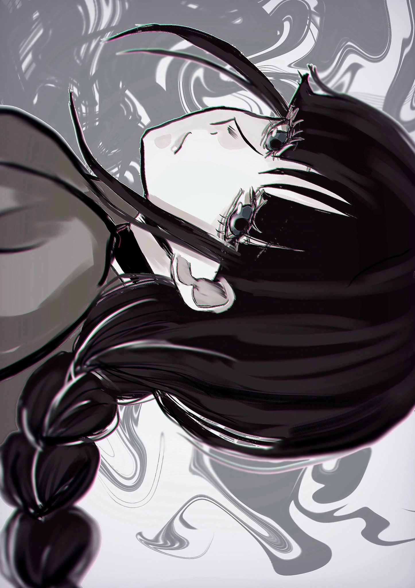 c 140n, kurotsuchi nemu, bleach, highres, 1girl, black hair, blue eyes, braid, braided ponytail, solo