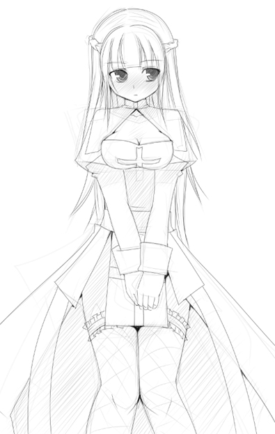 arch bishop (ragnarok online), ragnarok online, traditional media, 1girl, blush, breasts, cleavage, female focus, greyscale, large breasts, long hair, monochrome, simple background, sketch, solo, thighhighs