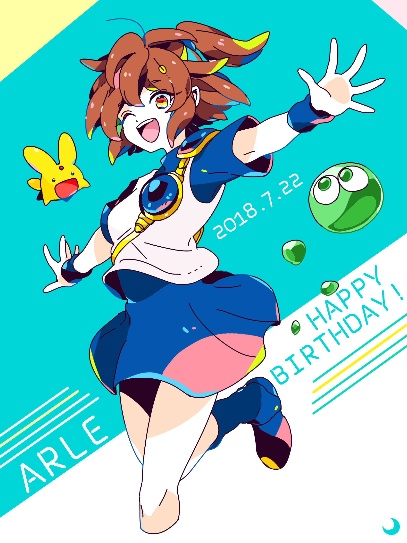 mizuki tsukimori, arle nadja, carbuncle (puyopuyo), puyo (puyopuyo), puyopuyo, commentary request, highres, 1girl, ahoge, armor, blue background, blue shoes, blue skirt, blue sleeves, boots, breastplate, brown eyes, brown hair, character name, dated, english text, floating clothes, floating hair, foot out of frame, hair between eyes, messy hair, one eye closed, open mouth, outstretched arms, pleated skirt, ponytail, shirt, shoes, short hair, short sleeves, shoulder armor, skirt, stepping, teeth, upper teeth only, white background, white shirt, wristband