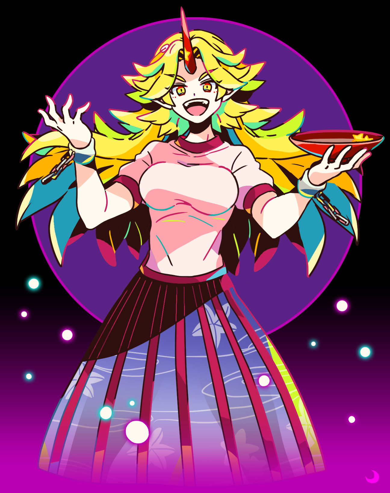 mizuki tsukimori, hoshiguma yuugi, touhou, commentary request, highres, 1girl, alcohol, arm up, black background, blonde hair, blue skirt, breasts, chain, circle, crescent, cuffs, cup, feet out of frame, floating hair, grin, holding, holding cup, horns, large breasts, leaf print, long hair, looking at viewer, oni, open mouth, pleated skirt, pointy ears, purple background, purple clouds, red horns, red skirt, red trim, sakazuki, sake, shackles, shirt, short sleeves, single horn, skirt, smile, solo, teeth, two-tone skirt, upper teeth only, v-shaped eyebrows, white shirt, yellow eyes