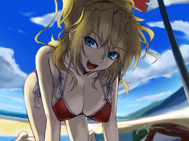 michael f91, excellen browning, banpresto, super robot wars, 1girl, :d, all fours, beach, bikini, blonde hair, blue eyes, breasts, cleavage, cloud, day, female focus, large breasts, long hair, looking at viewer, open mouth, outdoors, ponytail, red bikini, shade, side-tie bikini bottom, sky, smile, solo, swimsuit