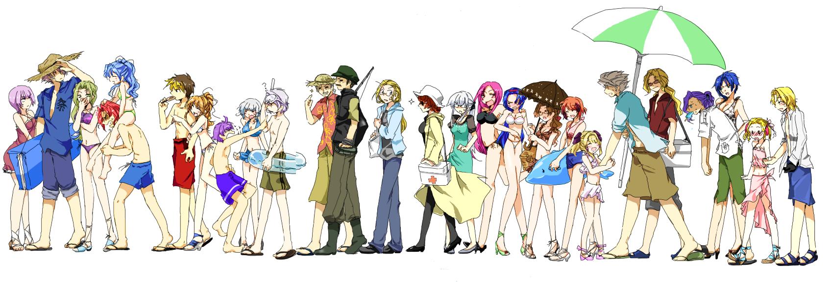 hayas (duster), alfimi, arado balanga, axel almer, cobray gordon, echidna iisaki, echidna isaki, eri anzai, excellen browning, gilliam yeager, ibis douglas, irui guneden, kai kitamura, kyousuke nanbu, lamia loveless, marion radom, raidese f branstein, ratsel feinshmecker, robert ohmiya, sanger zonvolt, sean webley, selena recital, seolla schweizer, shine hausen, sleigh presty, tsugumi takakura, viletta badam, wodan ymir, banpresto, super robot wars, super robot wars alpha, super robot wars original generation, super robot wars original generation gaiden, the 3rd super robot wars alpha, annotated, highres, long image, wide image, 6+girls, beach, bikini, blonde hair, blush, everyone, gloves, hat, multiple girls, sandals, shorts, straw hat, swimsuit, umbrella