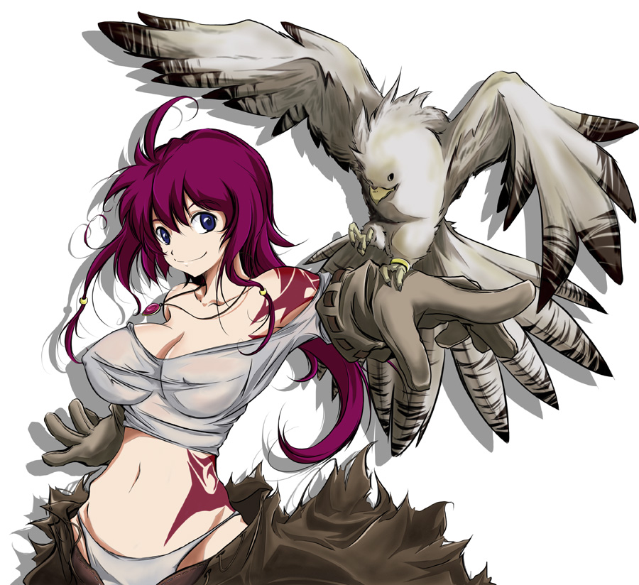 hanafusa itsuki, original, 1girl, bird, bird on hand, blue eyes, breasts, cleavage, covered erect nipples, female focus, gloves, hawk, jewelry, large breasts, midriff, necklace, panties, purple hair, solo, tattoo, underwear