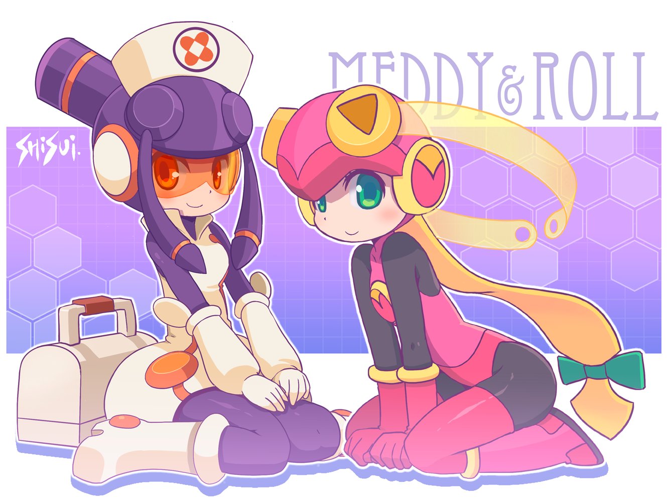 shisui, meddy.exe (mega man), roll.exe (mega man), mega man (series), mega man battle network (series), mega man battle network 5, 2girls, artist name, assault visor, blonde hair, bodysuit, bow, character name, closed mouth, dress, full body, green bow, green eyes, hair bow, hat, helmet, long hair, looking at viewer, low-tied long hair, multiple girls, nurse cap, outline, pink helmet, purple hair, seiza, sitting, smile, very long hair, wariza, white dress, white outline