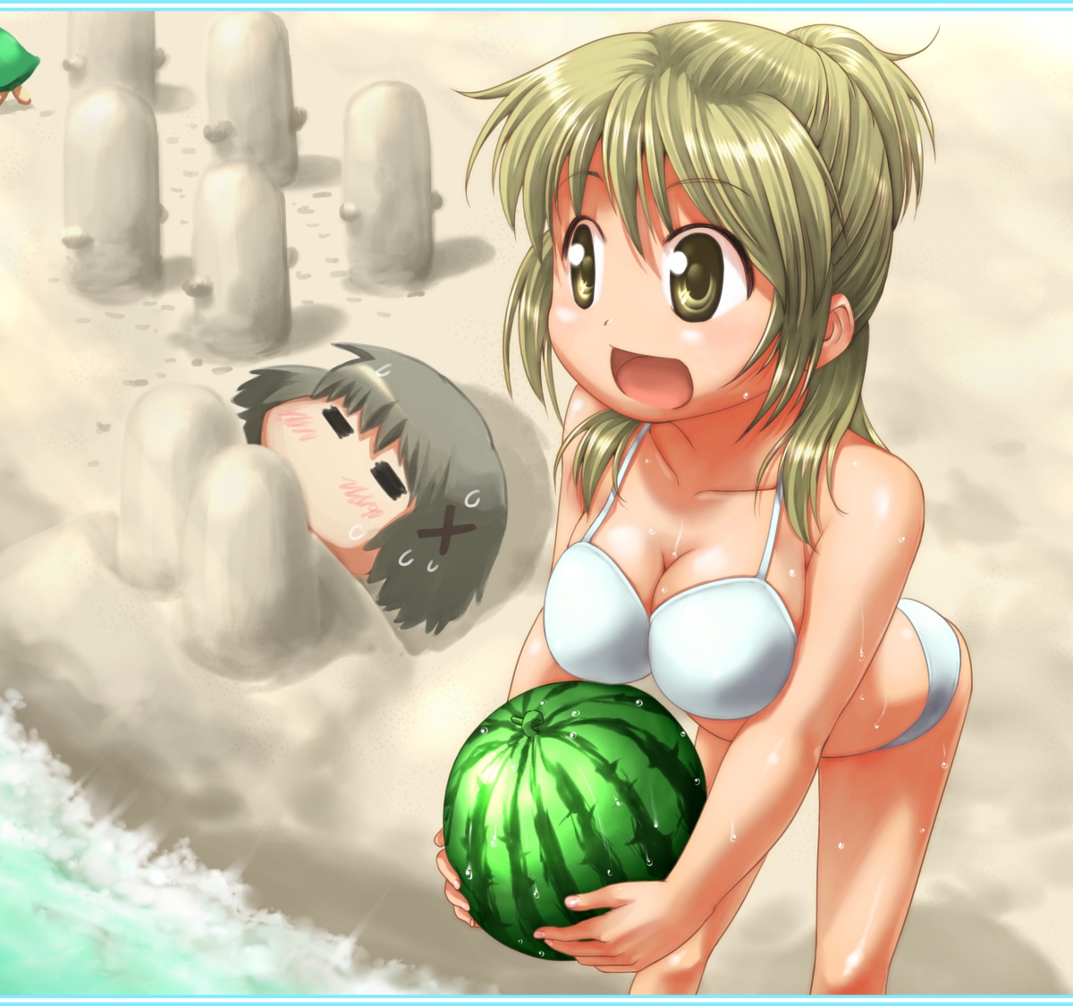 ttomm, miyako (hidamari sketch), yuno (hidamari sketch), hidamari sketch, 00s, 2girls, bikini, food, fruit, holding, holding food, holding fruit, holding watermelon, multiple girls, swimsuit, watermelon