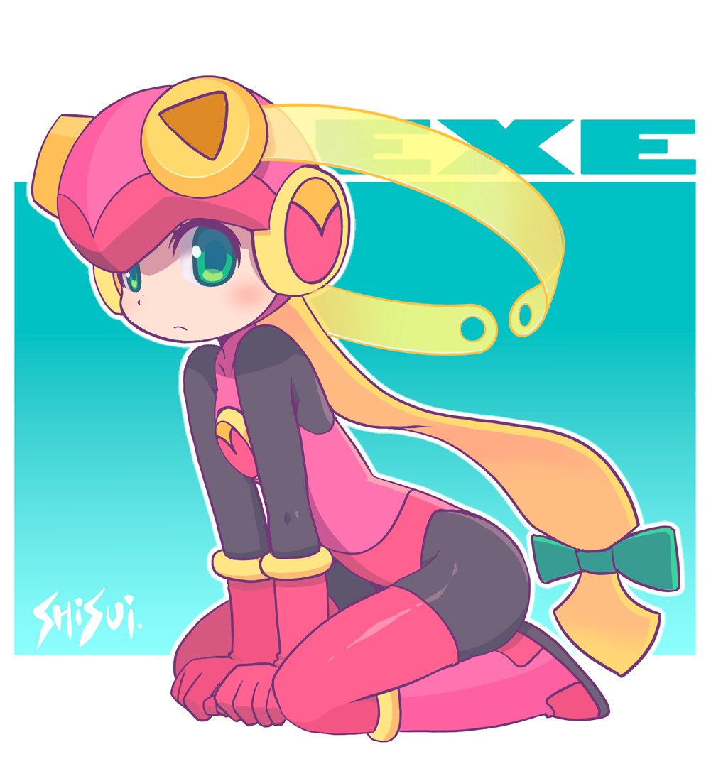shisui, roll.exe (mega man), mega man (series), mega man battle network (series), 1girl, artist name, blonde hair, bodysuit, bow, closed mouth, frown, full body, green bow, green eyes, hair bow, helmet, long hair, looking at viewer, low-tied long hair, pink helmet, seiza, sitting, solo, very long hair