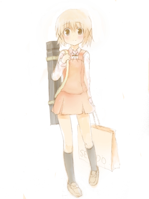 akami, sakura akami, yuno (hidamari sketch), hidamari sketch, bad id, bad pixiv id, 00s, 1girl, bag, black socks, blush, brown eyes, brown hair, female focus, hair ornament, hairclip, kneehighs, light smile, paper bag, pigeon-toed, school uniform, short hair, simple background, skirt, smile, socks, solo, tube, white background, yamabuki high school uniform
