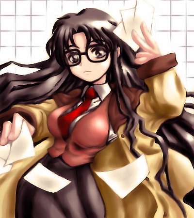 ebi tendon, yomiko readman, read or die, lowres, 00s, 1girl, brown eyes, brown hair, female focus, glasses, necktie, red necktie, solo