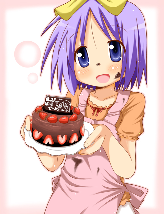 minami (colorful palette), hiiragi tsukasa, lucky star, 00s, apron, birthday, cake, chocolate, food, food on face, fruit, pastry, solo, strawberry