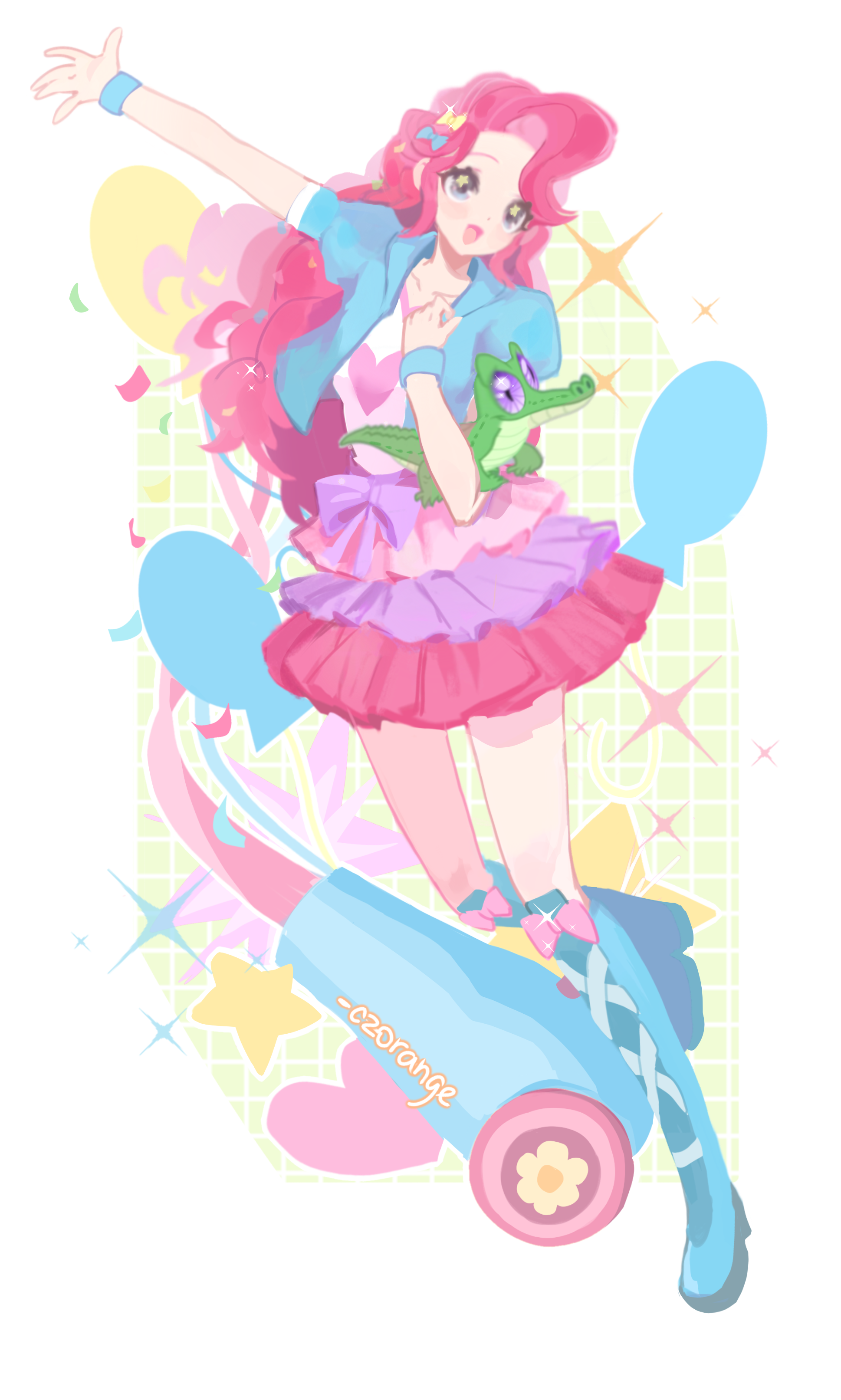 chengzi82020, gummy (my little pony), pinkie pie, pinkie pie (equestria girls), my little pony, my little pony: equestria girls, my little pony: friendship is magic, absurdres, highres, 1girl, :d, animal, arm up, artist name, balloon, blue boots, blue bow, blue eyes, blue jacket, boots, border, bow, breasts, collarbone, crocodile, crocodilian, curly hair, curtained hair, cutie mark, elbow carry, footwear bow, frilled skirt, frills, full body, green background, grid background, hair bow, hand up, heart, heart print, jacket, knee boots, lace-up boots, layered skirt, long hair, long legs, looking ahead, medium breasts, miniskirt, open clothes, open jacket, open mouth, outline, outside border, outstretched arm, pink bow, pink skirt, purple skirt, raised eyebrows, shirt, short-sleeved jacket, short sleeves, simple background, skirt, smile, solo, sparkle, standing, standing on one leg, star (symbol), star in eye, symbol in eye, tongue, very long hair, white border, white outline, white shirt, wristband, yellow bow